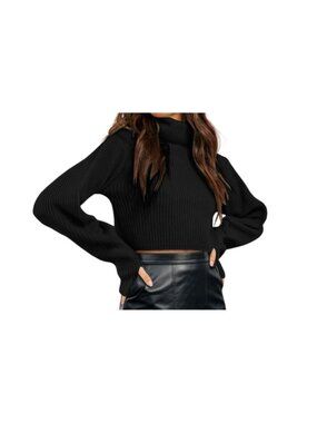 Miladusa Black Cropped Turtleneck Ribbed Knit Sweater Long Sleeve Pullover